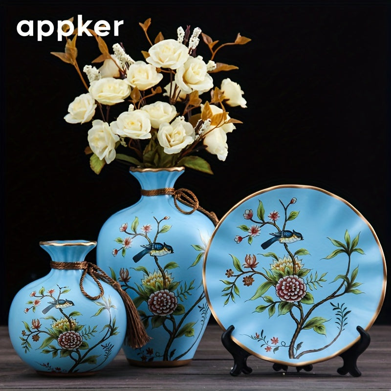 Appker 3pcs Modern Ceramic Vase Set with Faux Florals